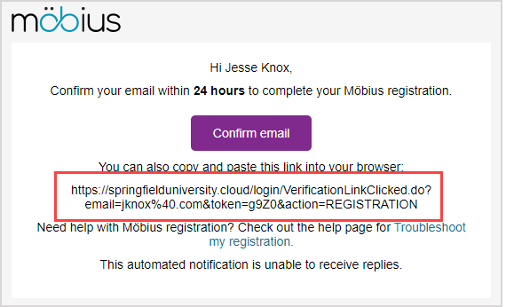 The URL is highlighted in the message that notifies you that a confirmation email was sent to complete regirstration.